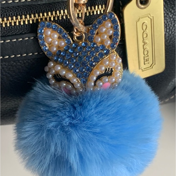 FOX Keychain/ Bag Charm Crystals and Mini Pearls on Fox’s Head w/Blue Pom Pom - Picture 2 of 2